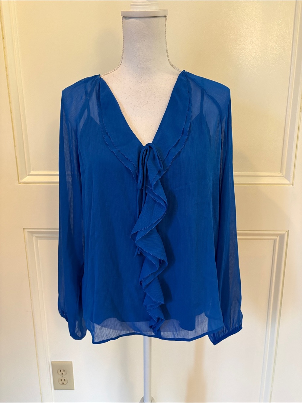White House Black Market Cobalt Blue Ruffle Tie-Neck Blouse